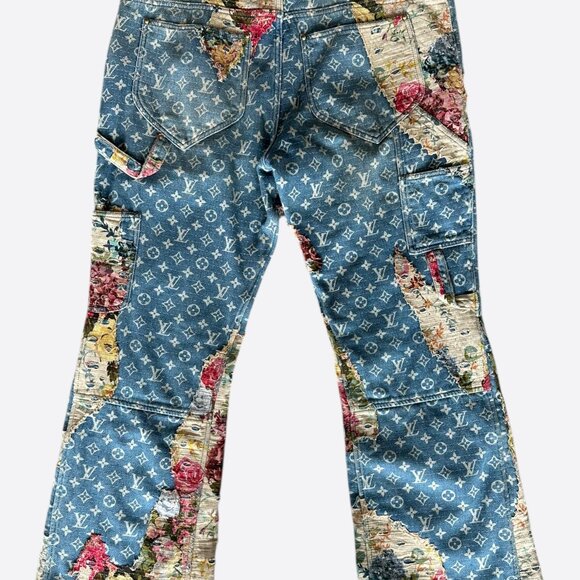 Louis Vuitton Blue Distressed Floral Monogram Flared Carpenter Jeans - Picture 2 of 9
